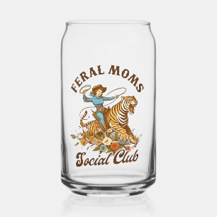 Feral Mom Social Club Funny Retro Boho Cowgirl Can Glass
