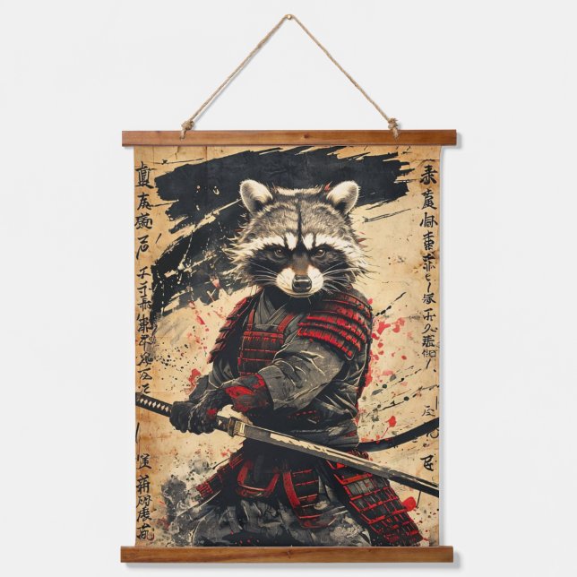Feral Raccoon Samurai Warrior - Japanese Ink Style Hanging Tapestry (Front)