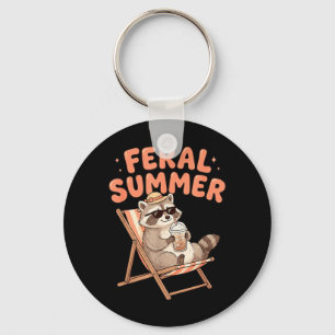 Feral Summer Raccoon Drinking Iced Coffee Animal Keychain