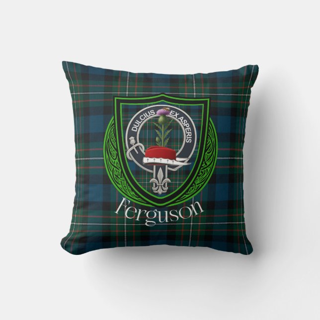 Ferguson Scottish Clan Tartan & Crest Throw Pillow (Front)