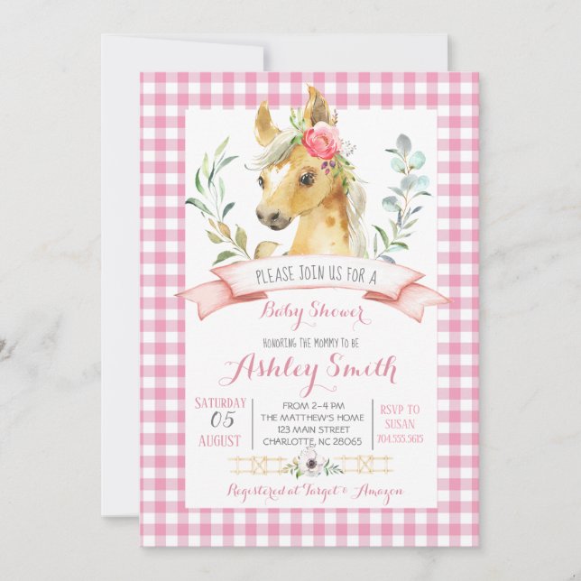 ferme à cheval baby shower invitation fille rose (Devant)