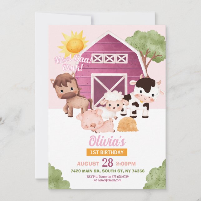 Ferme Anniversaire 1er Invitation Rose Girls One A (Devant)