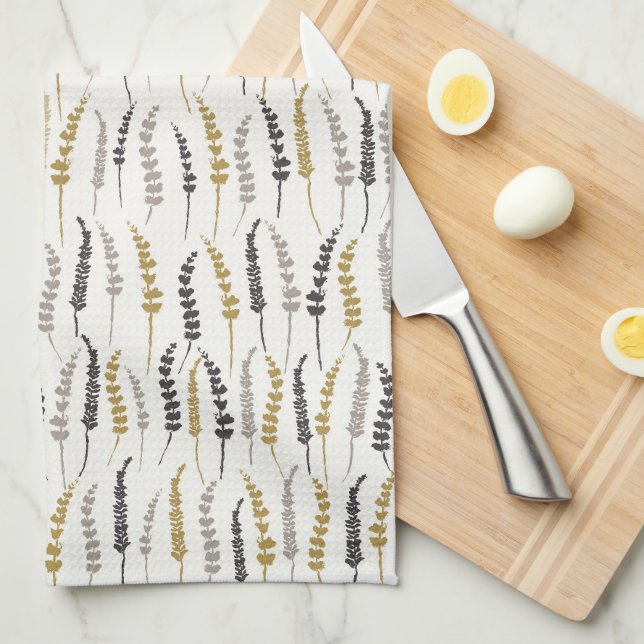 Fern Cottage Print Gold and Grey Kitchen Towel (Quarter Fold)