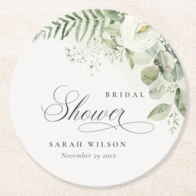 Fern Eucalyptus Greenery Foliage Bridal Shower Round Paper Coaster (Front)
