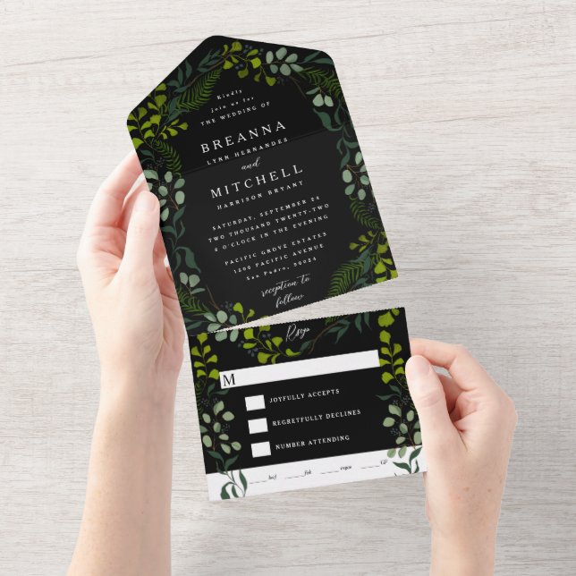 Fern Eucalyptus Hand-Drawn Greenery Black Wedding All In One Invitation (Tearaway)