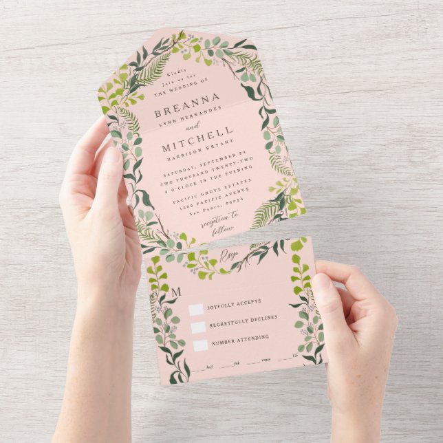 Fern Eucalyptus Hand-Drawn Greenery Blush Pink All In One Invitation (Tearaway)
