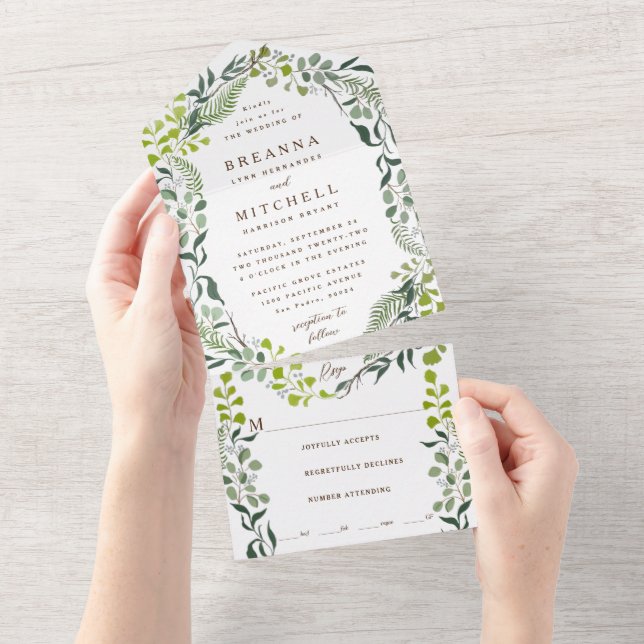 Fern Eucalyptus Hand-Drawn Greenery Wedding All In One Invitation (Tearaway)