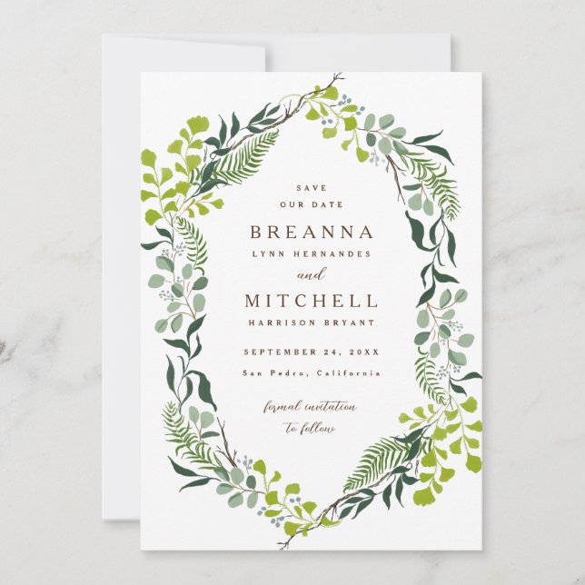 Fern Eucalyptus Hand-Drawn Greenery Wedding Save The Date (Front)