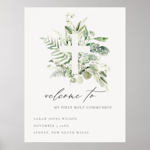 Fern Foliage Cross First Holy Communion Welcome Poster