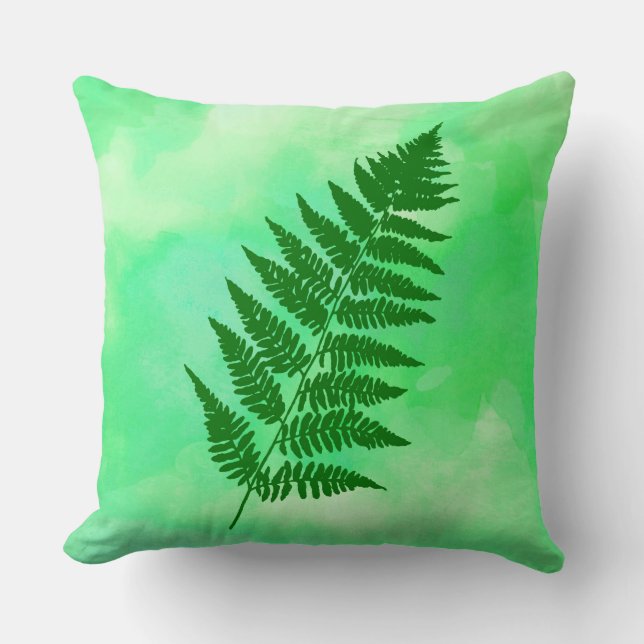Fern Frond, Green on a Watercolor Background Throw Pillow (Front)