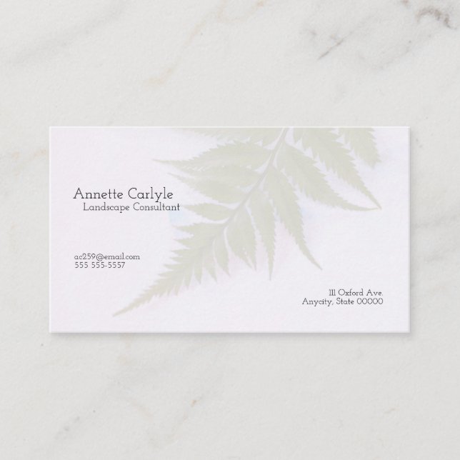 Fern frond over light blue watercolor fade business card (Front)