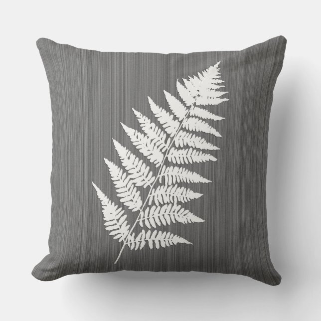 Fern Frond, White on Charcoal Grey / Grey Throw Pillow (Front)