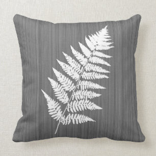 Fern Frond, White on Charcoal Grey / Grey Throw Pillow