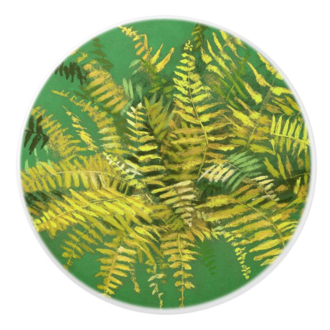 Fern, fronds, floral, green golden yellow greenery ceramic knob (Front)