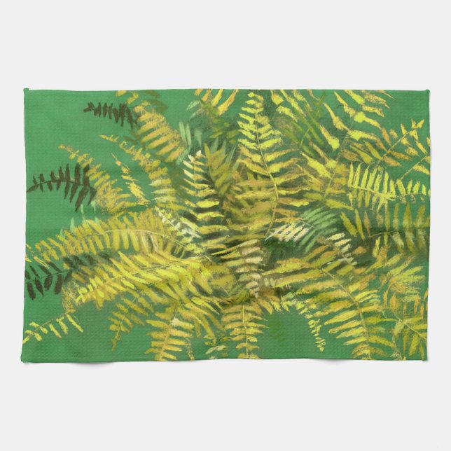 Fern, fronds, floral, green golden yellow greenery kitchen towel (Horizontal)