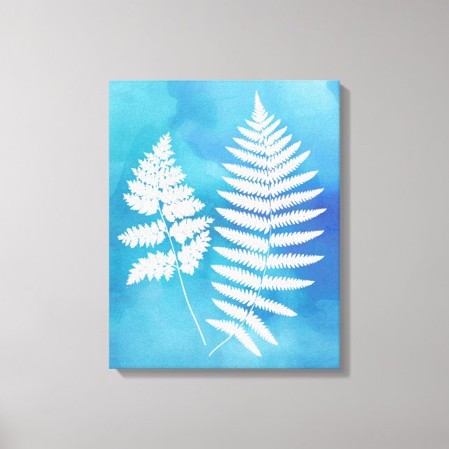 Fern Fronds, White on Blue Watercolor Background Canvas Print (Front)