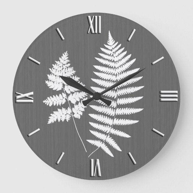 Fern Fronds, White on Charcoal Gray / Gray Large Clock (Front)