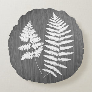 Fern Fronds, White on Charcoal Grey / Grey Round Pillow