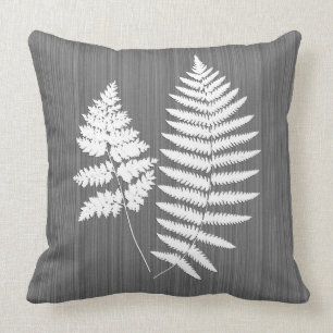 Fern Fronds, White on Charcoal Grey / Grey Throw Pillow
