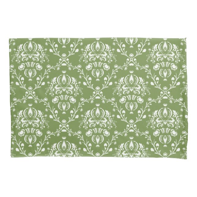 Fern Green and White Damask Pillowcase (Front-Left)