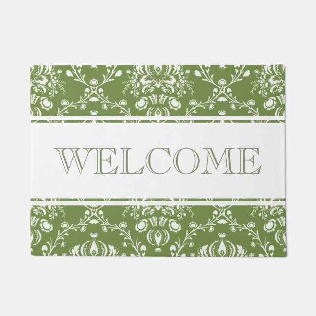 Fern Green and White Damask Welcome Doormat (Front)