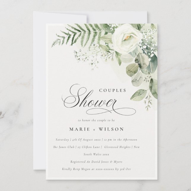 Fern Green Blanc Floral Couples Douche Invitation (Devant)