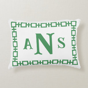 Fern Green Square Greek Key Monogram Accent Pillow