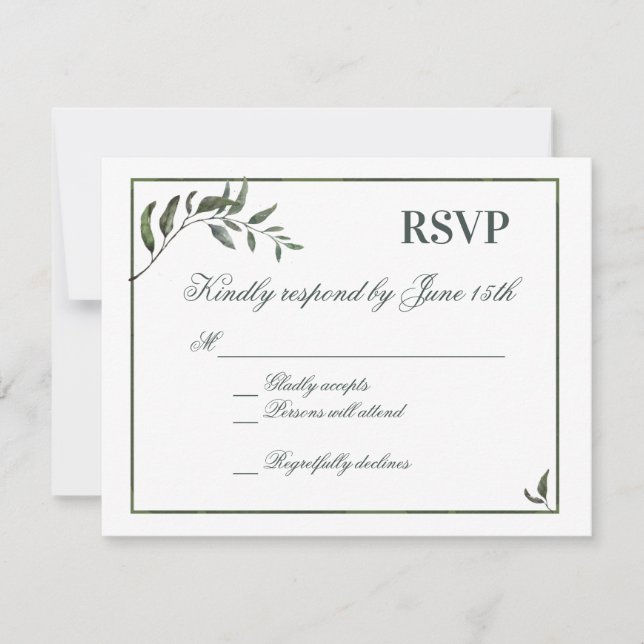 Fern Green Willow Branch Elegant Wedding RSVP (Front)