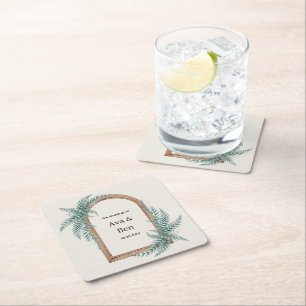 Fern Greenery Wooden Arch Wedding Square Paper Coaster