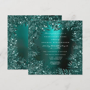 Fern Leafs Framed Crystals Teal Aquatic Luxury Invitation