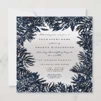 Fern Leafs Framed Metallic Blue Navy Silver Grey