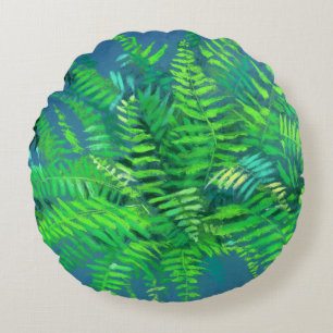 Fern leaves, floral design, greenery, blue & green round pillow