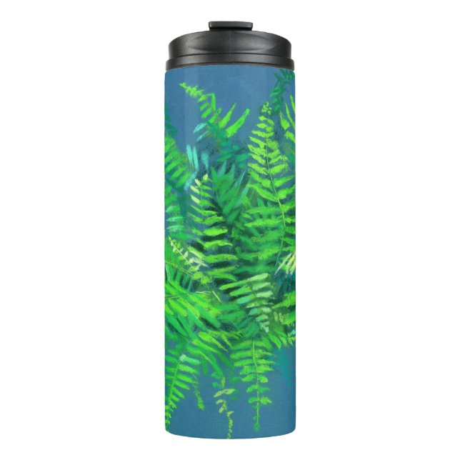 Fern leaves, floral design, greenery, blue & green thermal tumbler (Front)