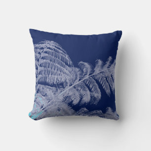 Fern Leaves Texture Sketch White Blue Throw Pillow