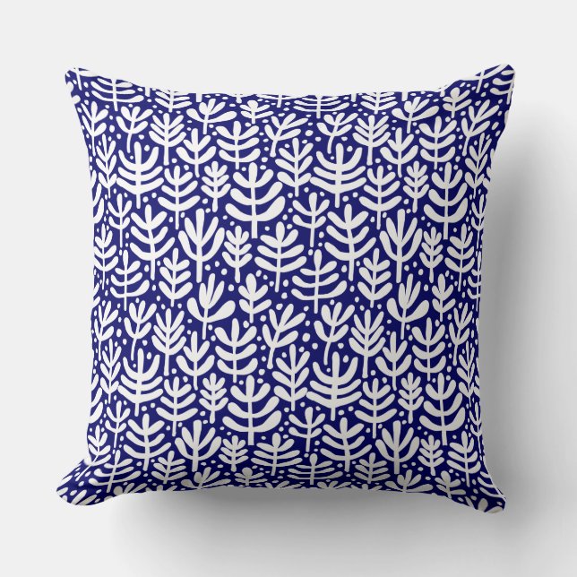 Fern Pattern - White on Dark Blue Throw Pillow (Front)