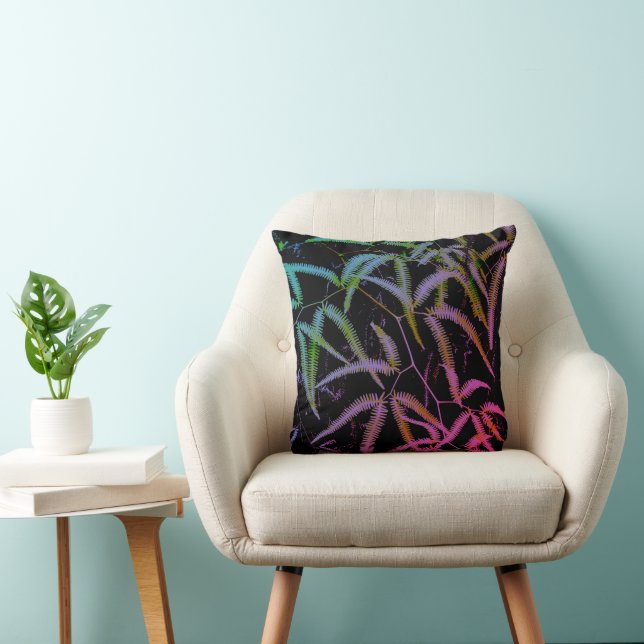 Fern purple, green and pink with black background throw pillow (Chair)
