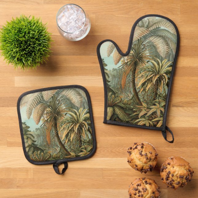 Ferns Palm Tree Antique Botanical Ferns Art Oven Mitt & Pot Holder Set (Top Down)