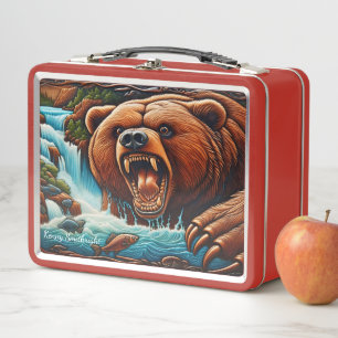 Ferocious Bear Fishing in Wild Waters Metal Lunch Box