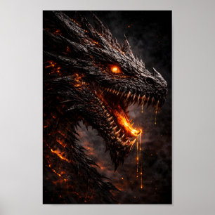 Ferocious Black Fire Dragon with Glowing Ember Eye Poster