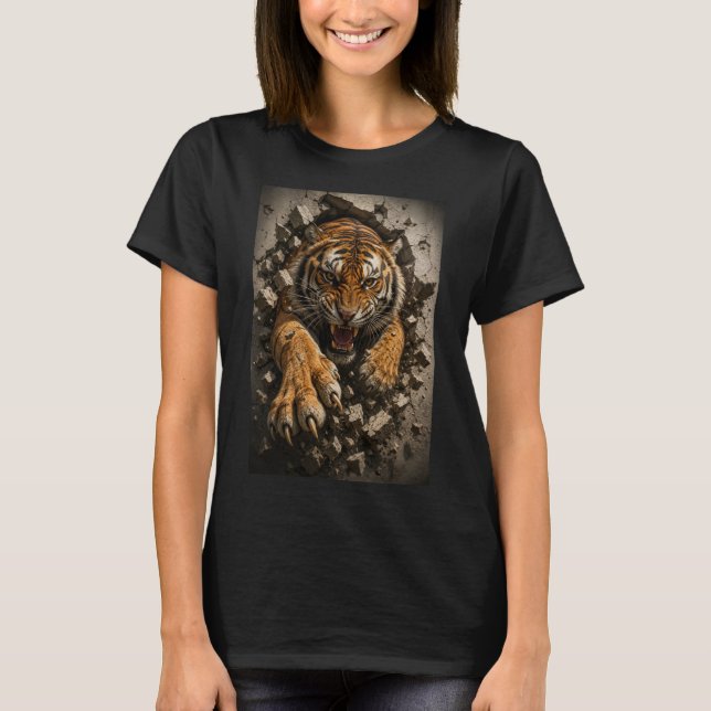 Ferocious Tiger Breaking Through Wall T-Shirt (Front)