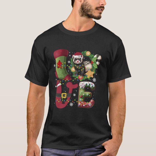 Ferret Santa Hat Christmas Tree Lights Ferret Love T-Shirt (Front)