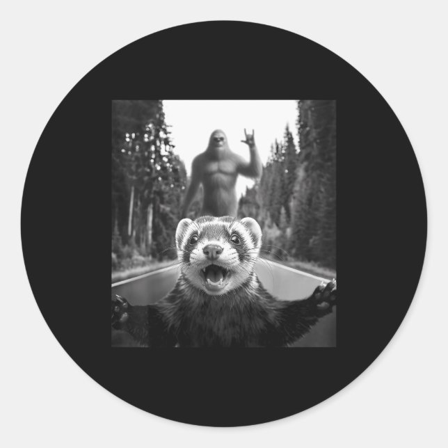 Ferret Selfie With Bigfoot Funny For Men Women Kid Classic Round Sticker (Front)