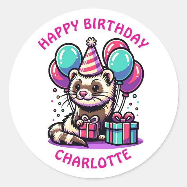 Ferret Themed Girl's Birthday Party Personalized Classic Round Sticker (Front)