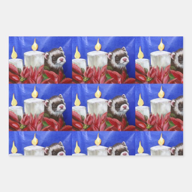 Ferrets & Christmas Candles Wrapping Paper (Front 3)