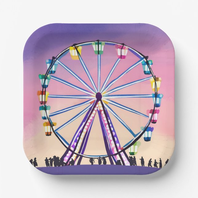 Ferris Wheel Sunset | Beautiful Watercolor Paper Plate (Front)