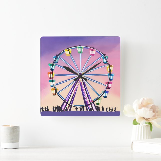Ferris Wheel Sunset | Beautiful Watercolor Square Wall Clock (Home)