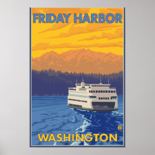 Ferry and Mountains - Friday Harbour, Washington Poster