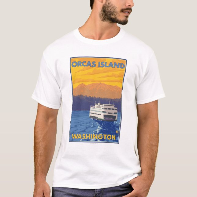 Ferry and Mountains - Orcas Island, Washington T-Shirt (Front)