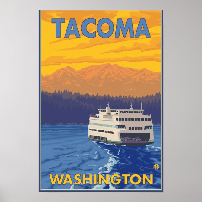 Ferry and Mountains - Tacoma, Washington Poster (Front)
