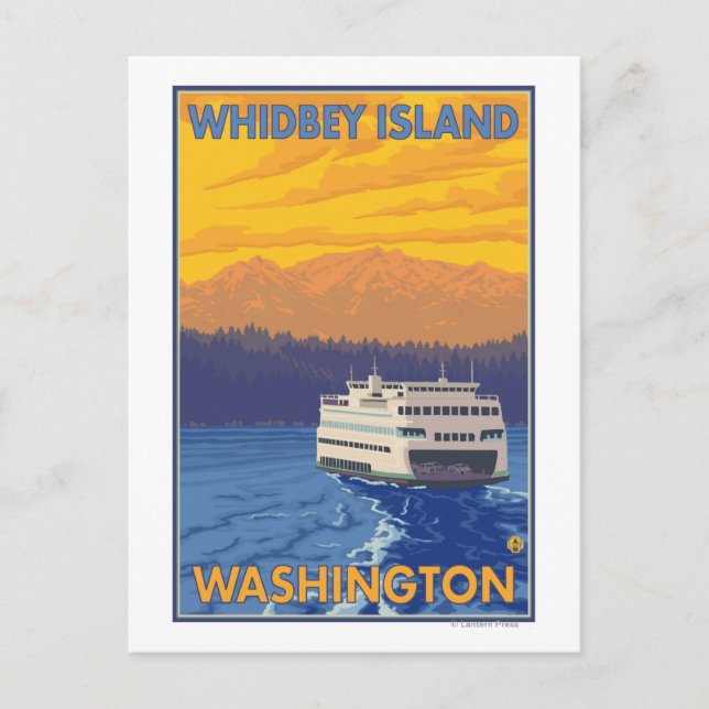 Ferry and Mountains - Whidbey Island, Washington Postcard (Front)